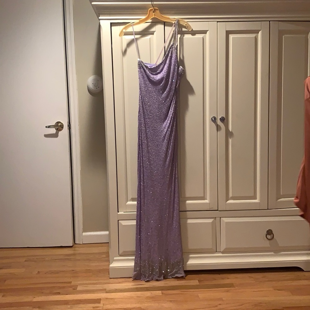 Scala fully beaded one shoulder gown lavender and silver